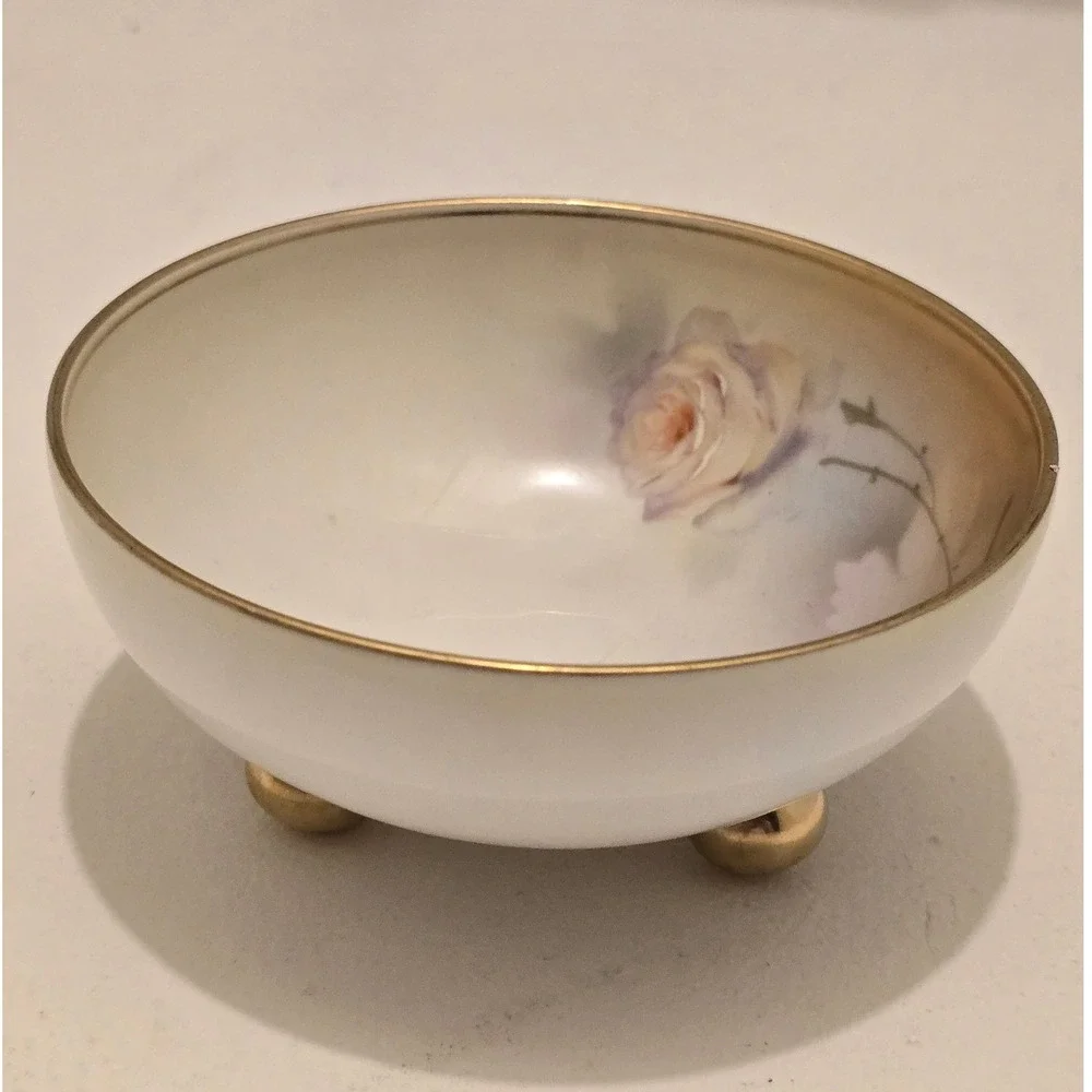 Prussia Royal Rudolstadt Hand Painted Porcelain Footed Bowl Vintage Gold Rim